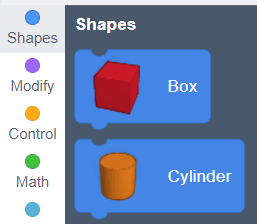 On the left is the menu option, Shapes has a blue dot. On the right are two blocks, which have connectors on the top and bottom: Box shows a red cube, Cylinder shows an orange cylinder.
